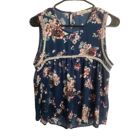 Liberty Love babydoll Floral Sleeveless Top Womens Medium Blue & Pink Rayon Blen - Picture 1 of 8